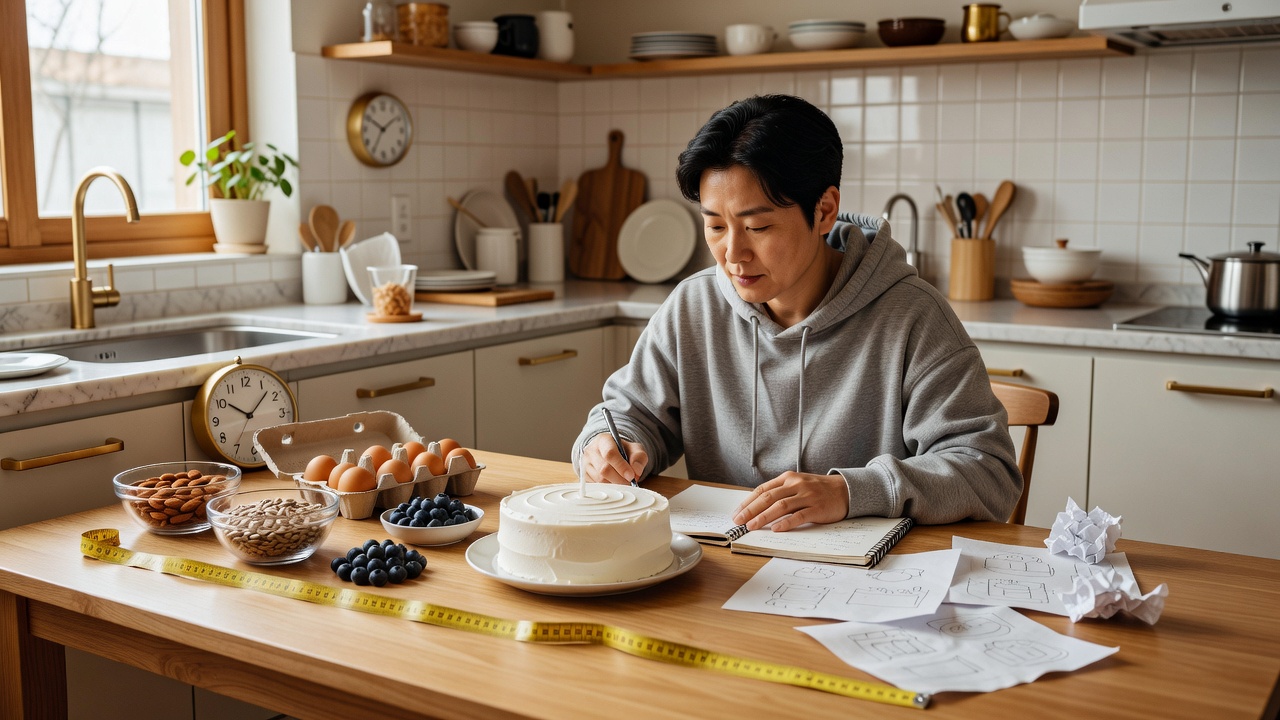 생일케이크 주문 체크리스트를 점검하는 주방 테이블 장면